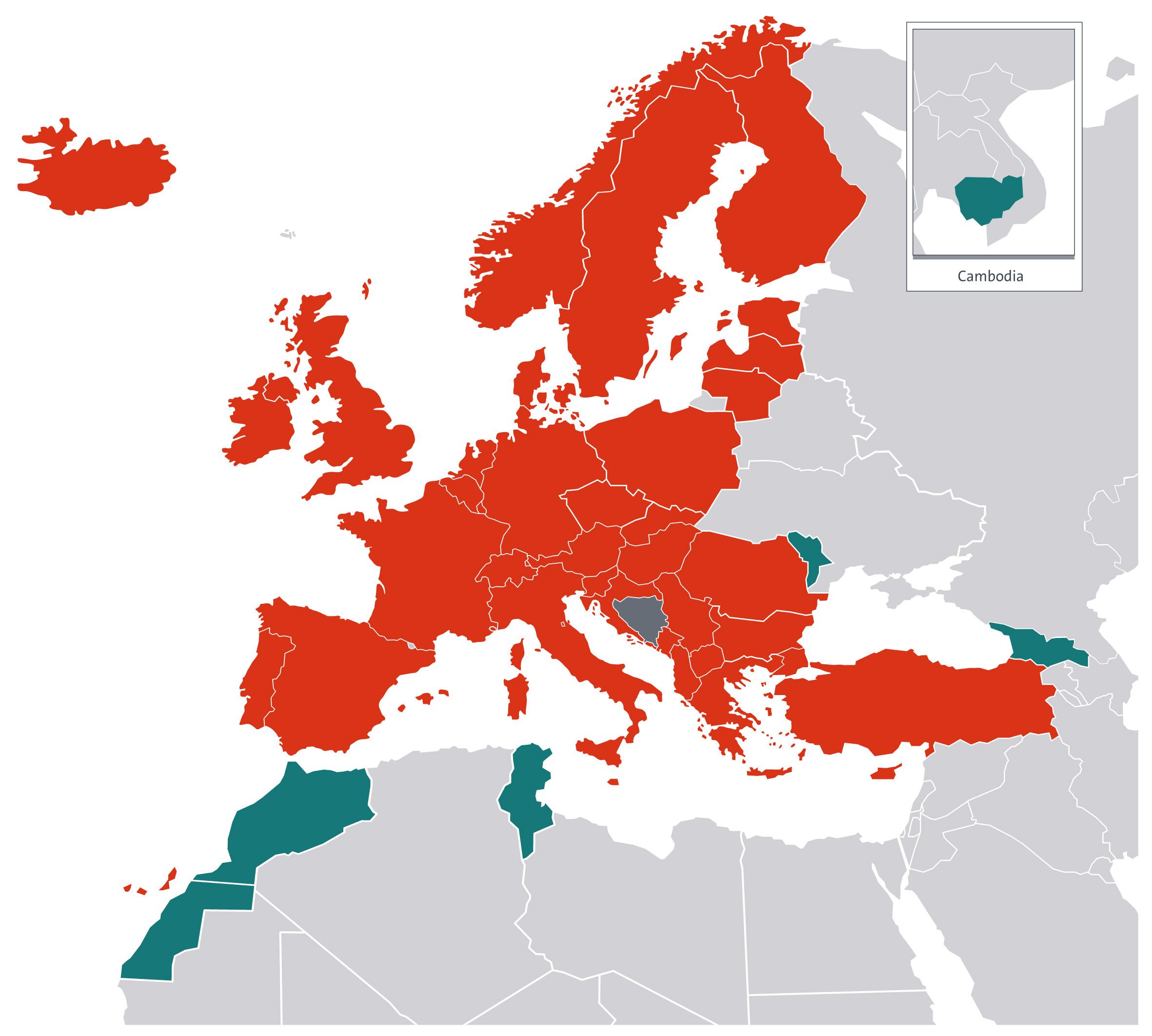 Map showing the member states in color red and extension states in blue
